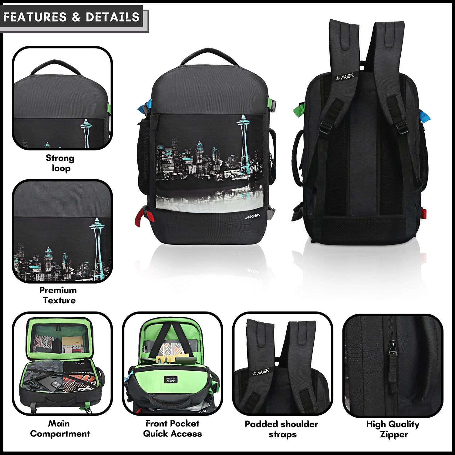 AKISA Overnighter Expandable Laptop Backpack - 32L - Black