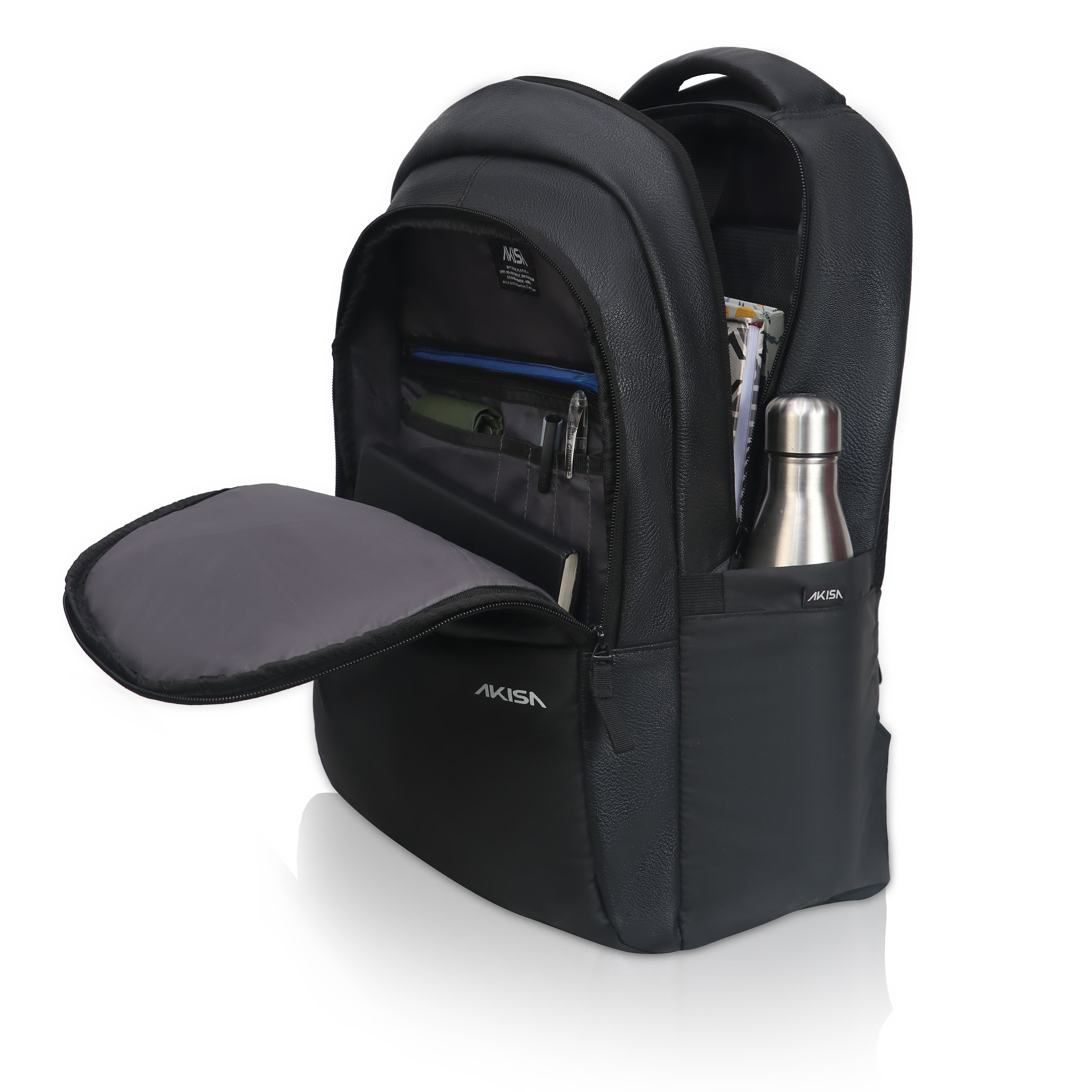 AKISA Prime Anti-Theft Faux Leather Laptop Backpack - 28L - Black