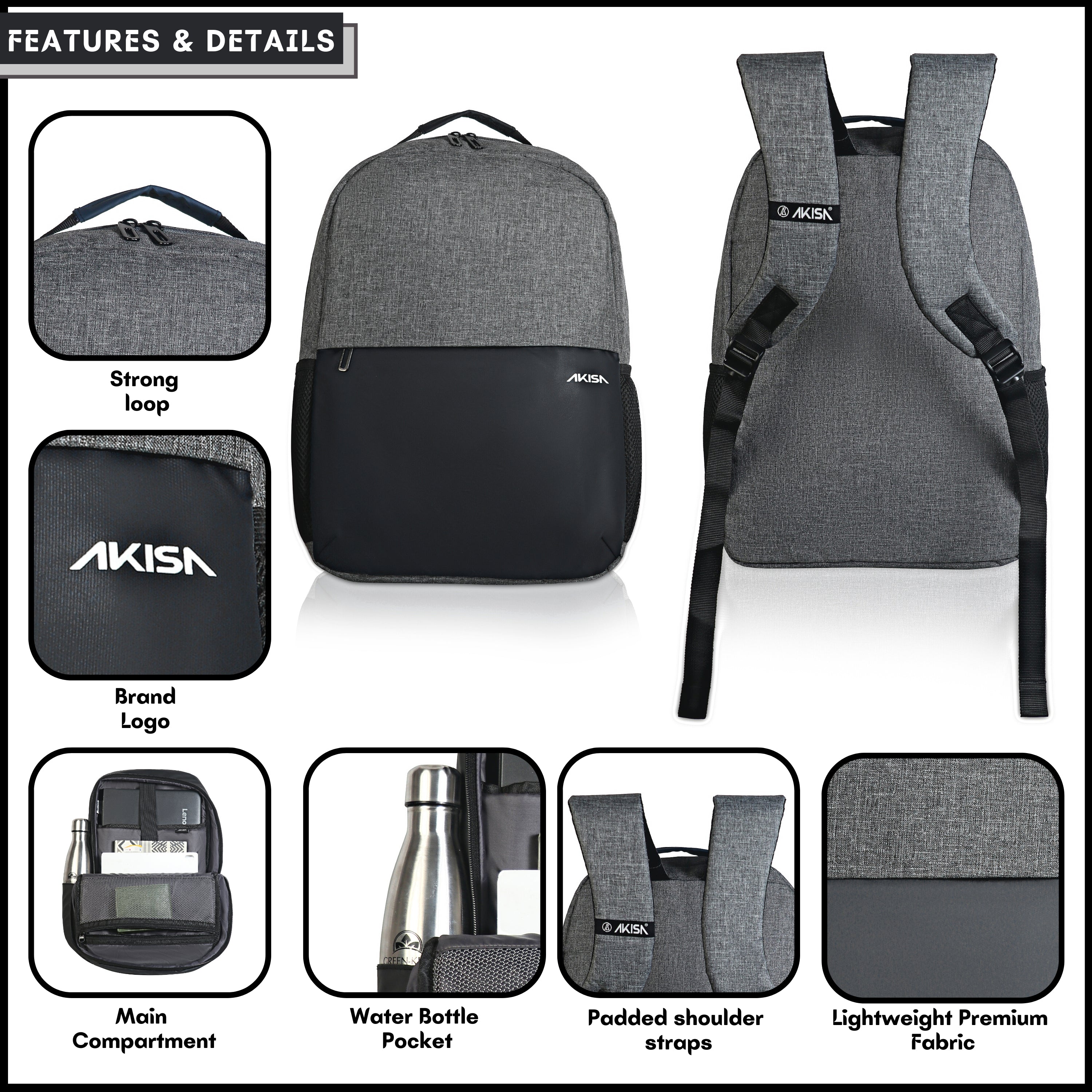 AKISA Everyday Compact Laptop Backpack - Black