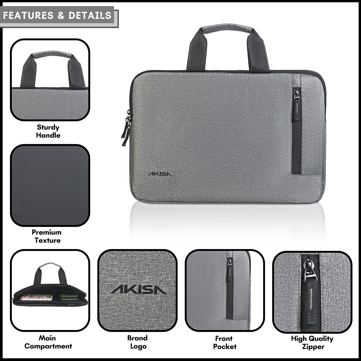 AKISA 15.6" Laptop Sleeve with Handle - Grey