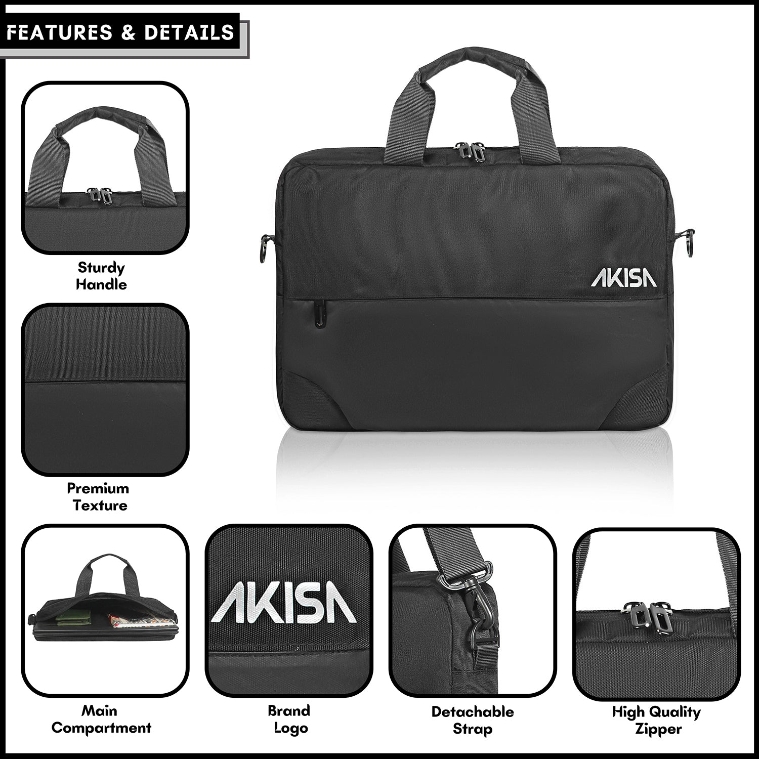 AKISA 15.6" Laptop Messenger Bag - Black
