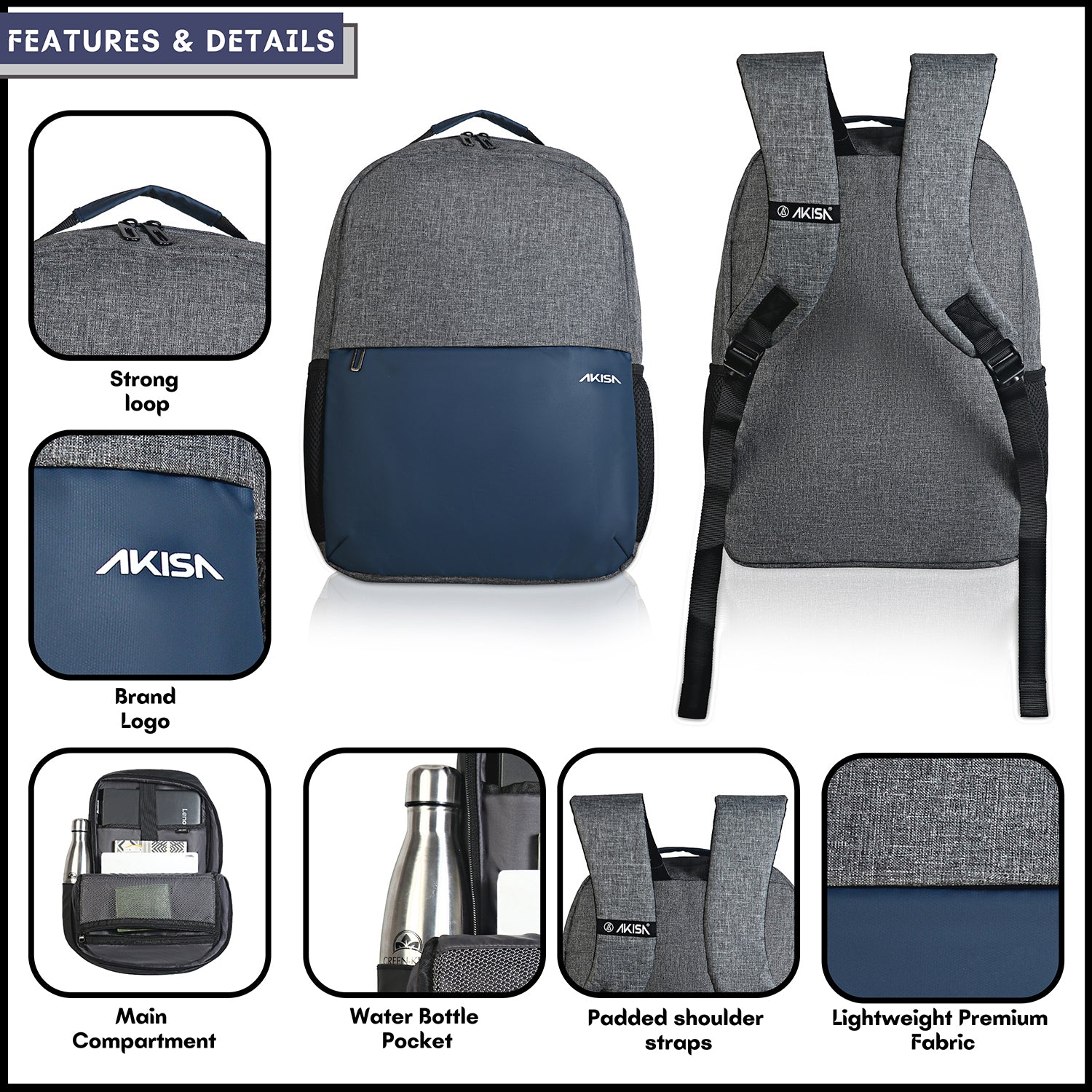 AKISA Everyday Compact Laptop Backpack - Dark Blue/Grey