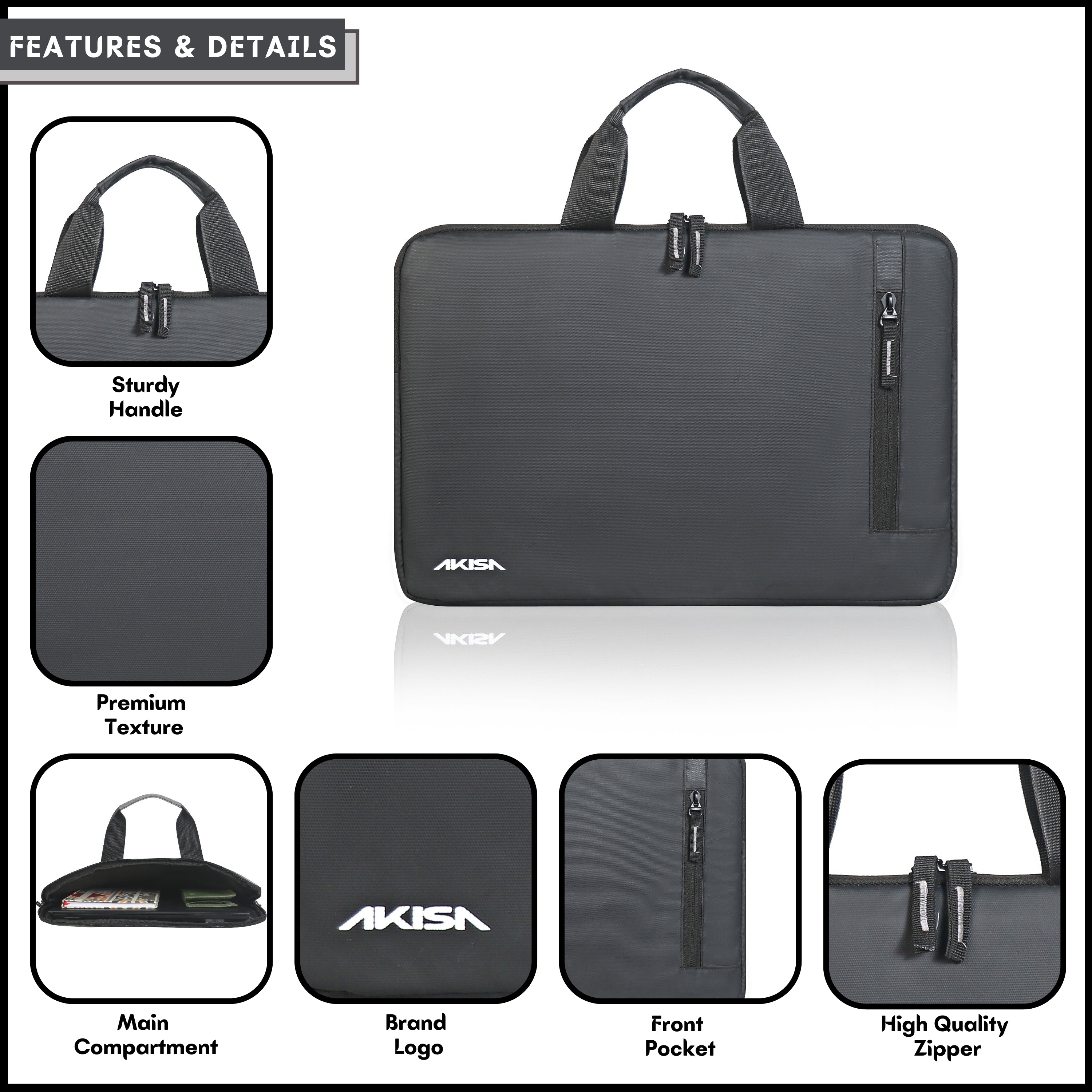 AKISA 15.6" Laptop Sleeve with Handle - Matte Black