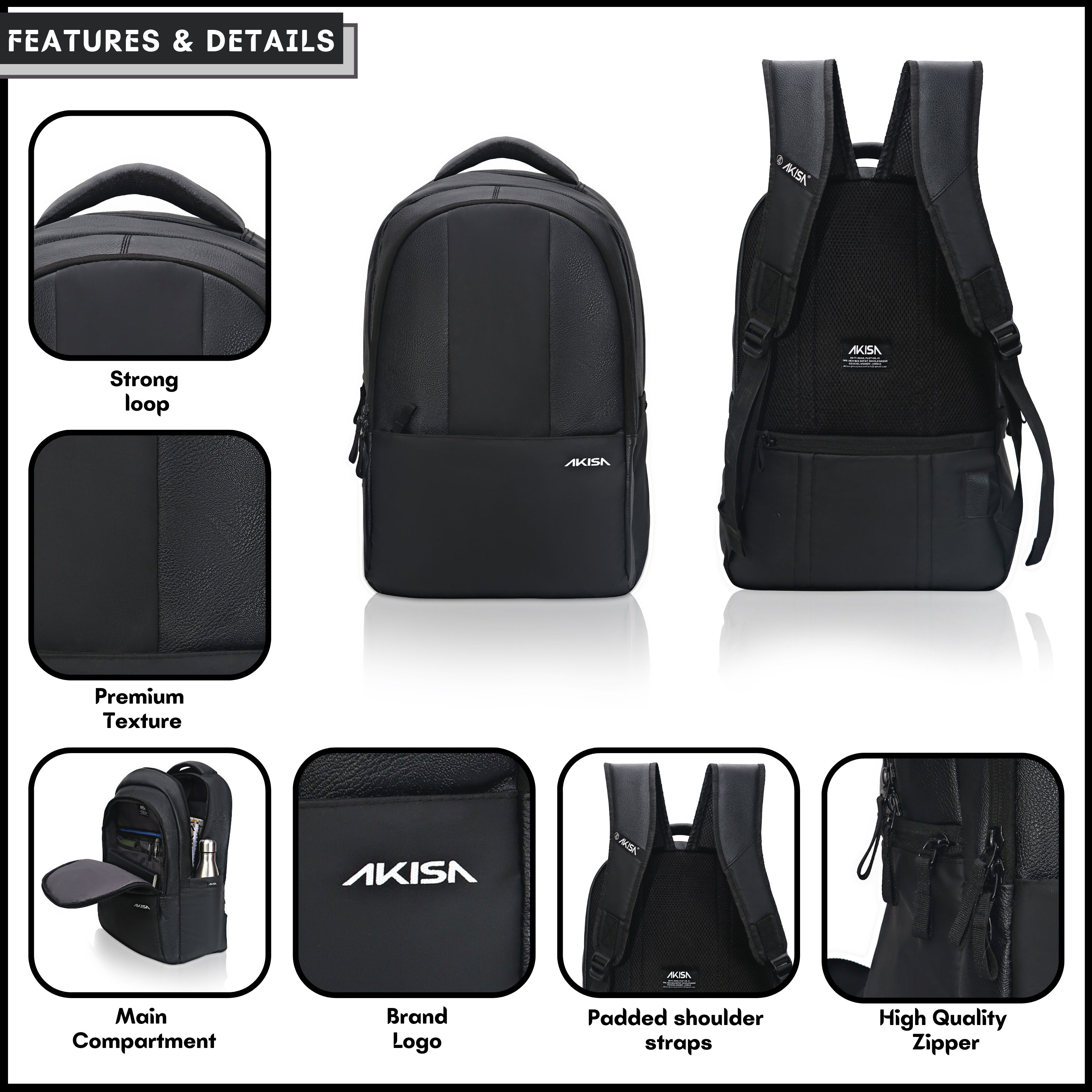 AKISA Prime Anti-Theft Faux Leather Laptop Backpack - 28L - Black