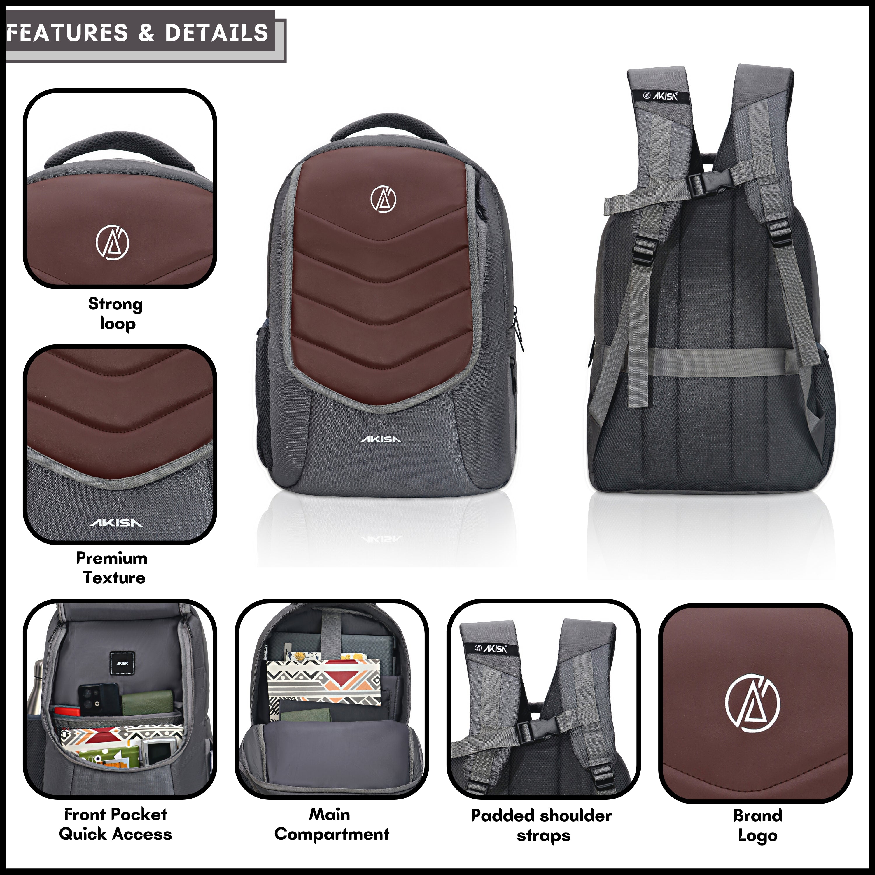 AKISA Explorer Premium Laptop Backpack - Brown/Grey