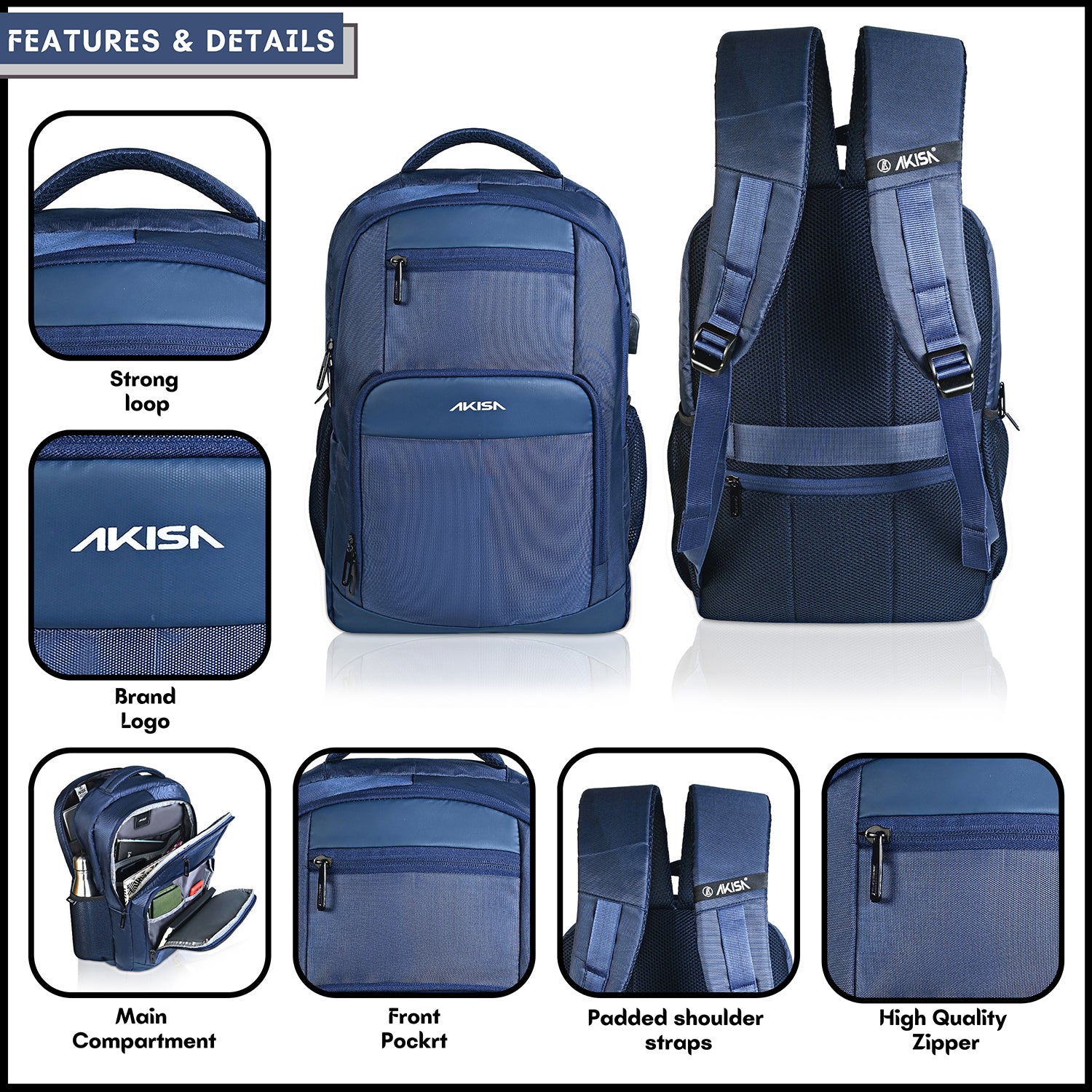 AKISA Swiss Cut 15.6" Smart Laptop Backpack - Dark Blue