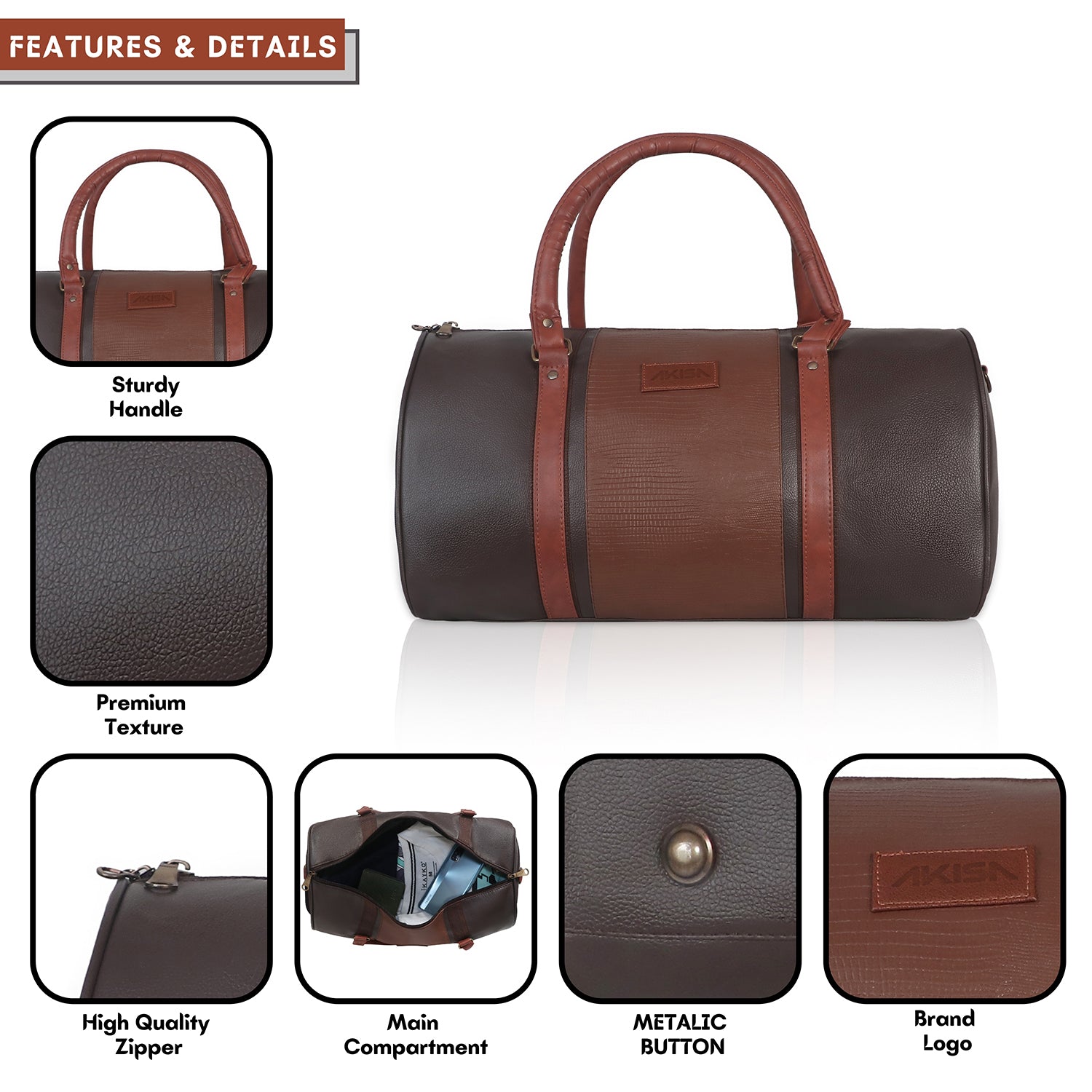 AKISA Travel Sling Duffle Bag with Shoe Compartment - 25L - Brown