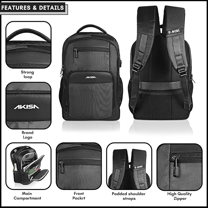 AKISA Eminent 15.6 inch laptop backpack with USB charging port for men and women (Black)