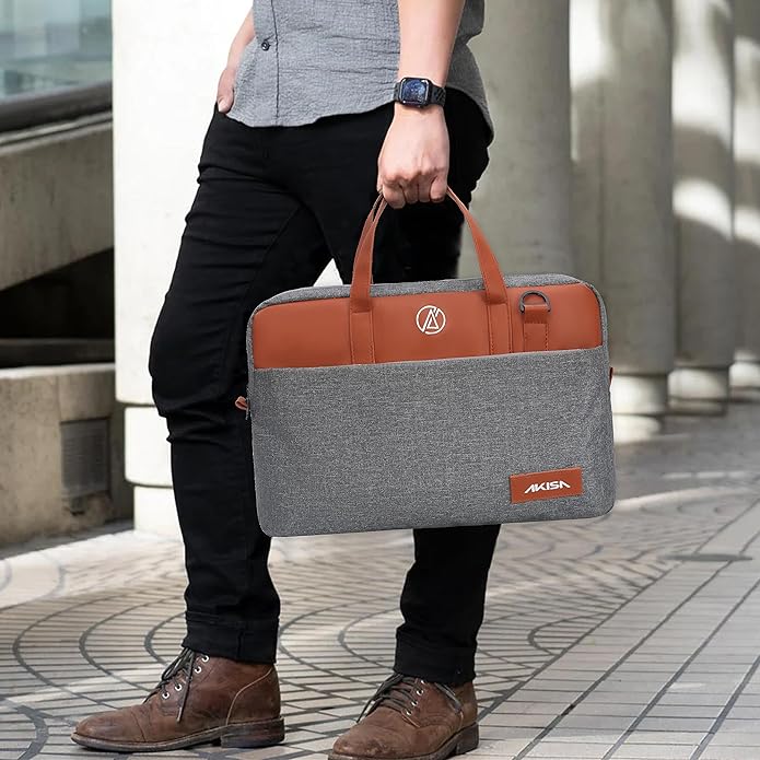 AKISA 15.6" Laptop Sleeve with Handle - Grey/Brown