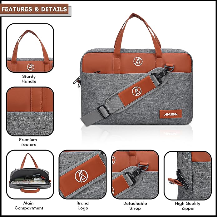 AKISA 15.6" Laptop Sleeve with Handle - Grey/Brown